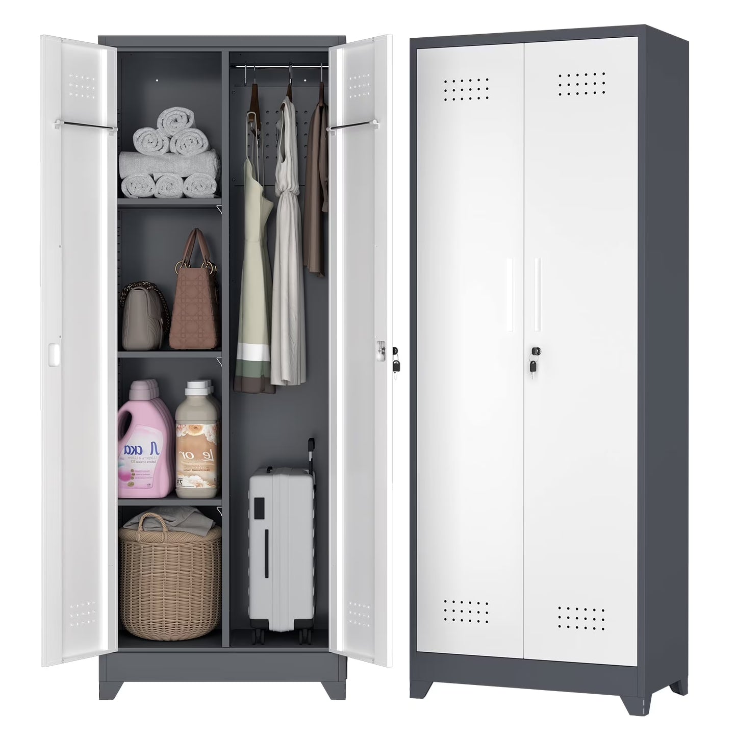 Marcree Broom Closet Storage Cabinet with Lock,65" Tall Garage Storage Cabinet with Hanging Rod,Multifunctional Garage Storage Broom Closet with Doors,Cleaning Tool Cabinet