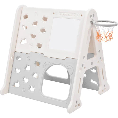 5-in-1 Toddler Climber Basketball Hoop Set Kids, Montessori Climbing Toys for Baby, Playground Climber Playset with Tunnel, Climber, Whiteboard,Toy Building Block Baseplates, Gift for Boys Girls, Gray
