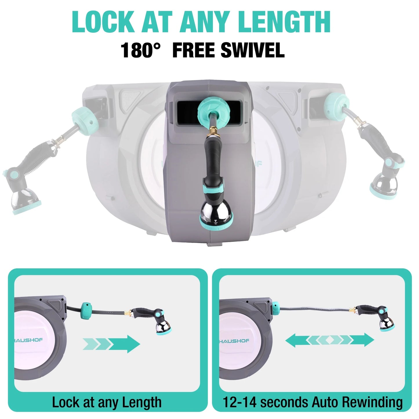 HAUSHOF 1/2" x 100 ft Retractable Garden Hose Reel with Automatic Rewind, 10-Pattern Spray Nozzle, Durable High-Pressure Hose, and 180�� Swivel Bracket �C Perfect for Watering Gardens, Cleaning Patios