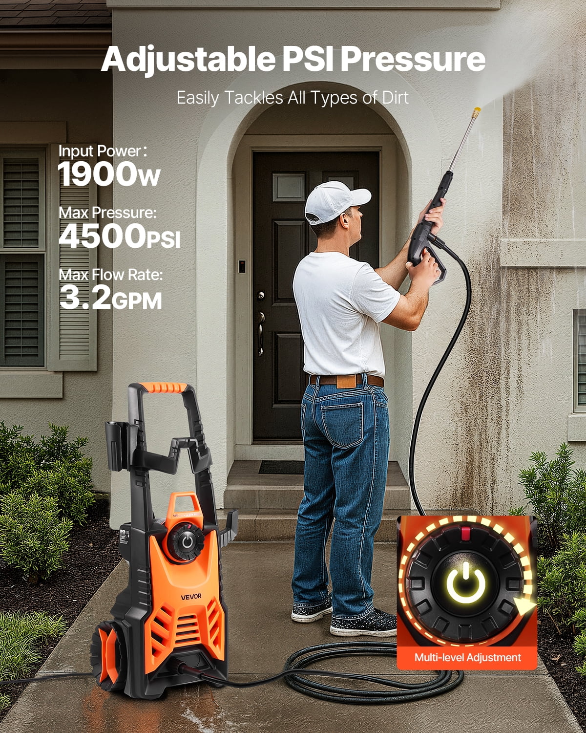 VEVOR Electric Pressure Washer, Max 4500 Psi and 3.2 GPM with Pressure Adjustment, High Power Pressure Cleaning Machine with 4 Quick Connect Nozzles