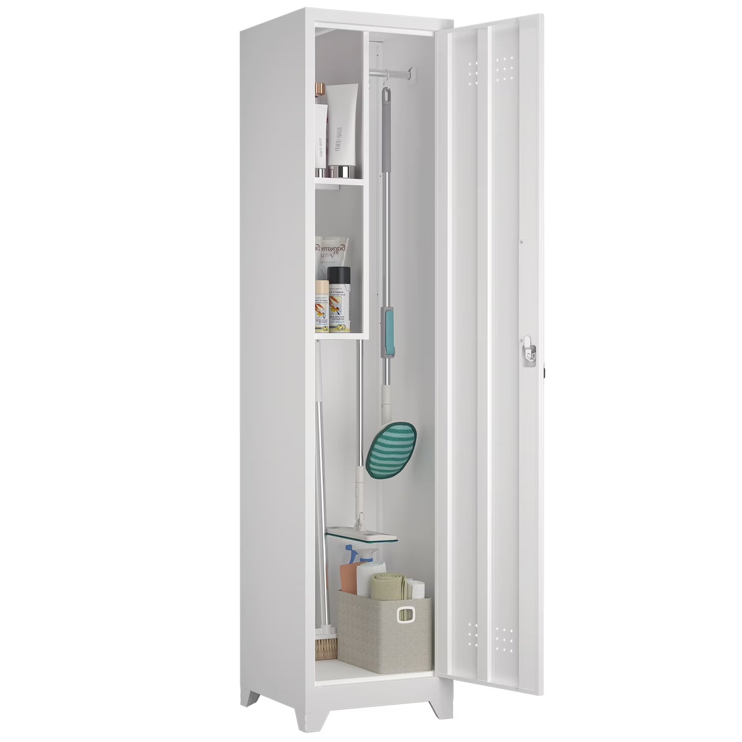 Marcree Slim Broom Storage Cabinet, Metal Cabinet with Shelves and Hanging Rod, 65" Utility Storage Cabinet with Locking Door, Tall Cleaning Storage Cabinet for Kitchen, Pantry, Office, Shop, Garage