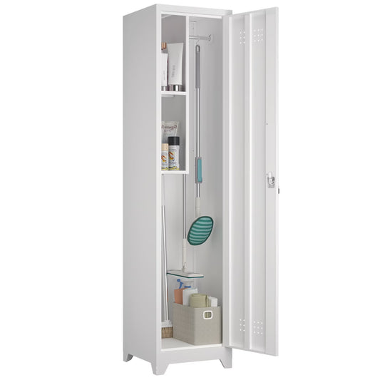 Marcree Slim Broom Storage Cabinet, Metal Cabinet with Shelves and Hanging Rod, 65" Utility Storage Cabinet with Locking Door, Tall Cleaning Storage Cabinet for Kitchen, Pantry, Office, Shop, Garage