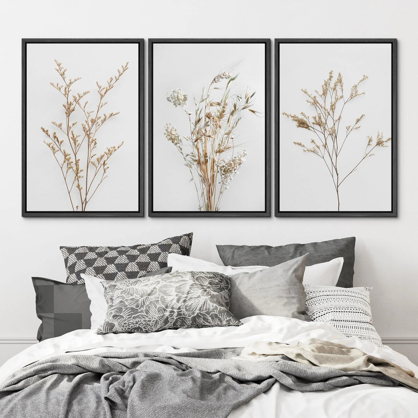 IDEA4WALL Framed Canvas Print Wall Art Set of 3 Wildflower Floral Botanical Prints, Modern Farmhouse Flowers Wall Decor, Large Wall Art, Minimalist Artwork for Home Decor - Black 16"x24"x3