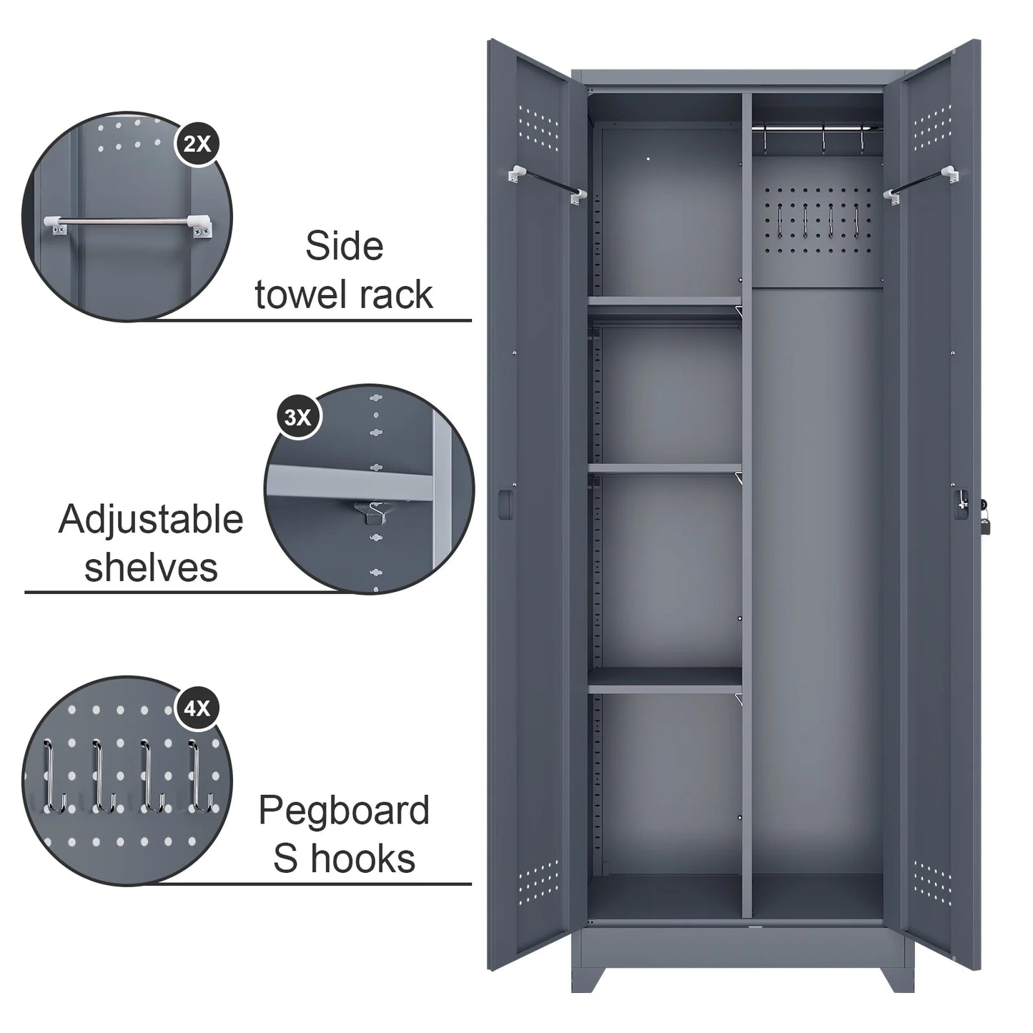 Marcree Broom Closet Storage Cabinet,Cleaning Supply Storage Cabinet,Metal Cleaning Closet Cabinet with Adjustable Shelves for Laundry Room Basement