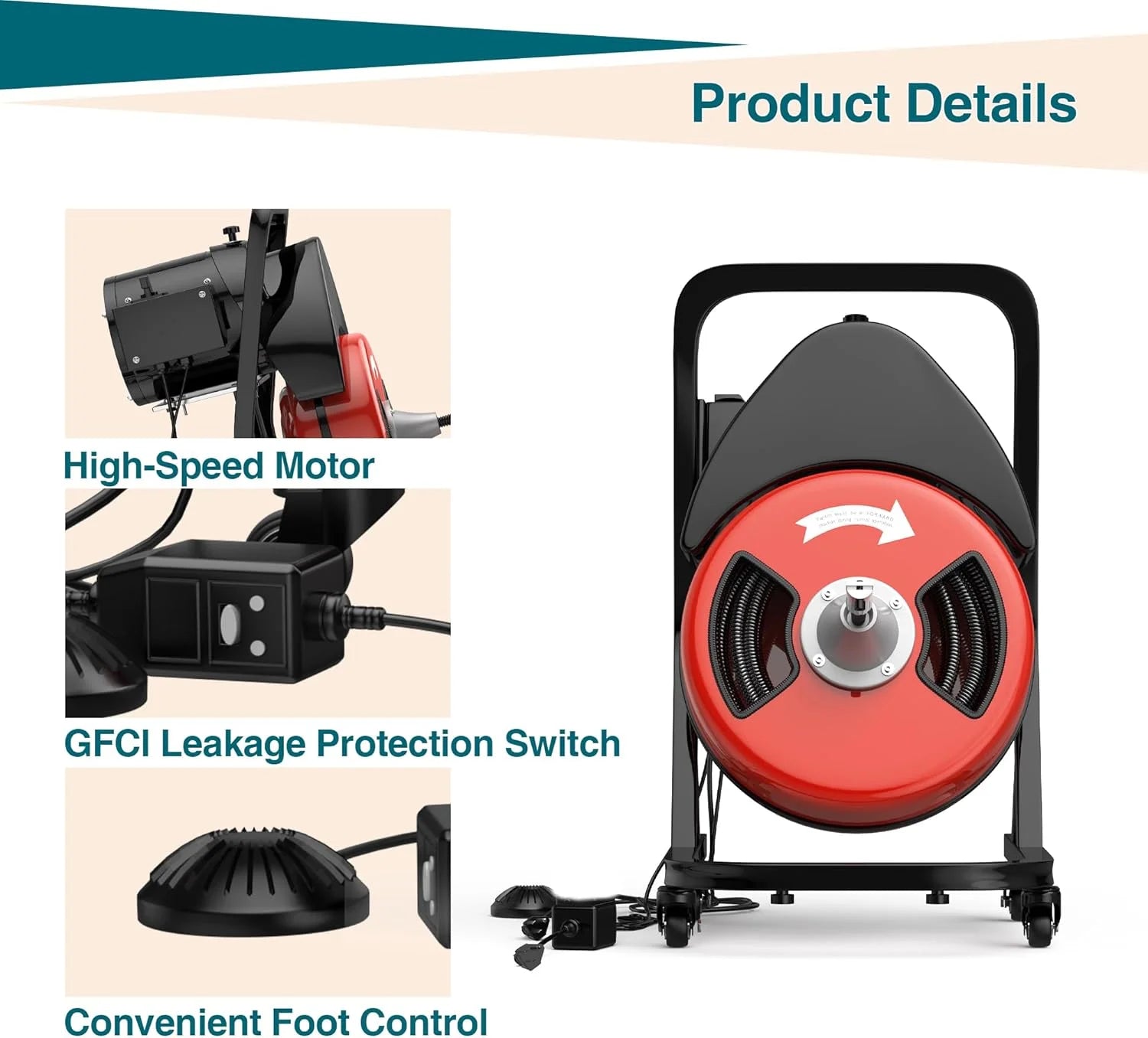 Drain Cleaner Machine 50FTx1/2 Inch,Auto Sewer Snake Auger on Wheels,Portable Drain Cleaning Machine with 4 Cutter & Foot Switch for 2" to 4" Pipes Sewer Sink Toilet Shower