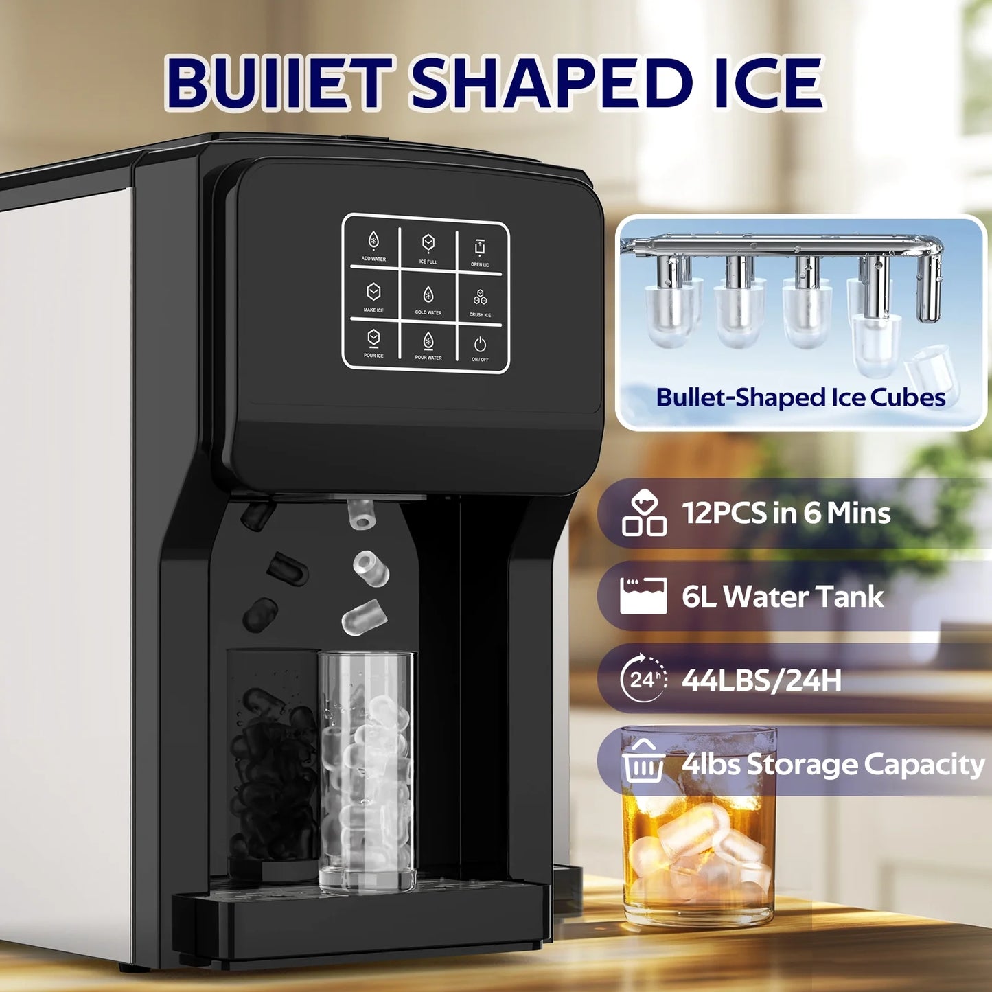 Advwin 3 in 1 Water Dispenser with Ice Maker Countertop, Bullet Ice, Crushed Ice, Water Cooler, 44Lbs/24H, 12 Ice Cube/6Min, Self-cleaning, 4Lbs Ice Storage, Home, Kitchen, Party, RV