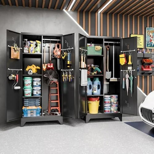 Metal Storage Cabinet, Black Broom Storage Cabinets with Doors and Shelves, Tall Garage Tool Cabinet, Lockable Cleaning Closet Storage Cabinet for Home, Office, Laundry Room, Warehouses