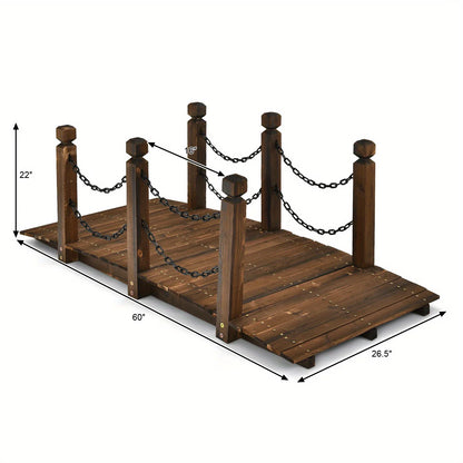5ft Rustic Wooden Garden Bridge with Railings �C Sturdy Fir Footbridge, Weather-Resistant Outdoor Walkway for Weddings, Home Decor, and Gardens, Supports Up to 500 lbs, Natural Brown Finish