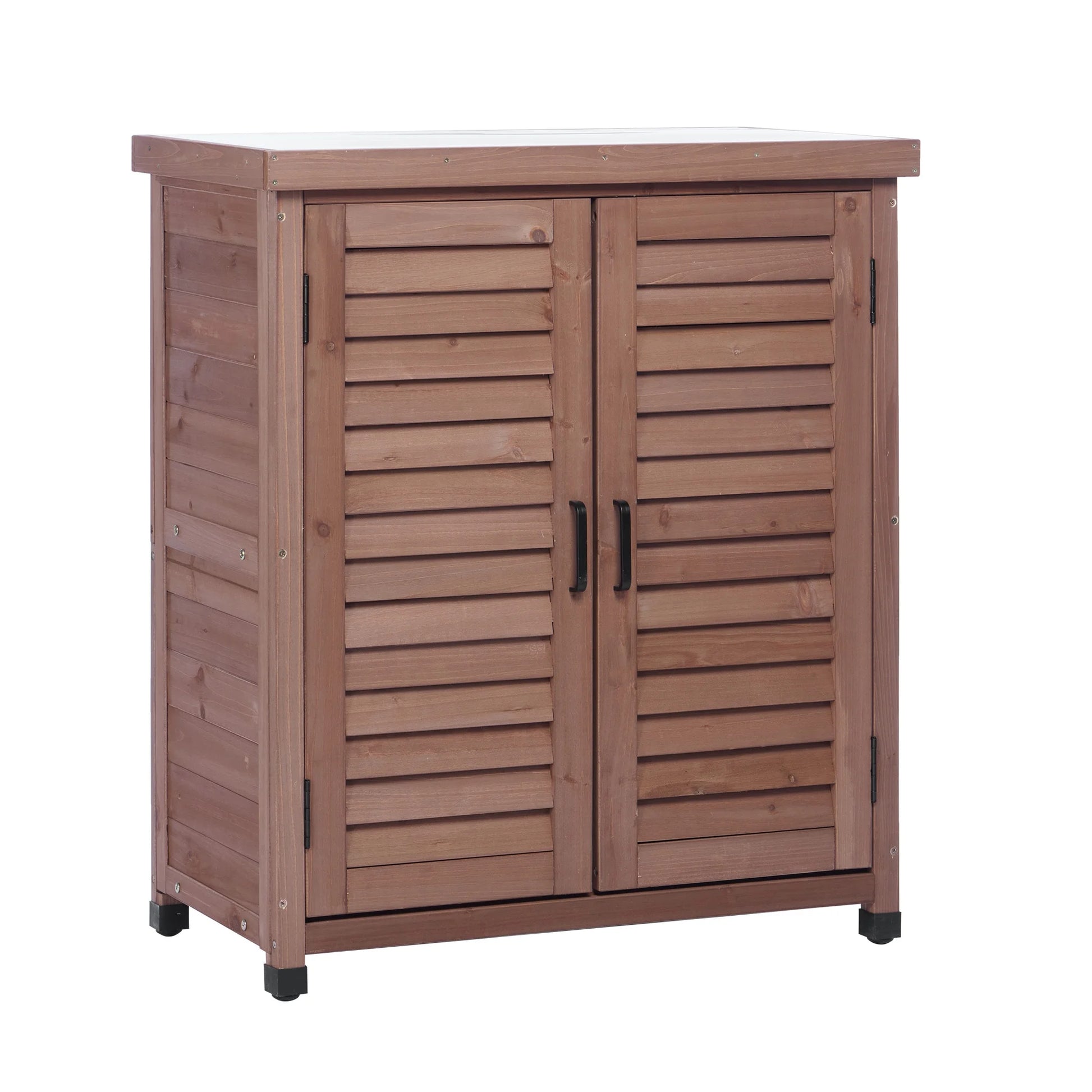 LDB_BUILDING 31.5in. W x 36in. H Outdoor Storage Cabinet & Potting Bench Table with Metal Top, Wooden Patio Furniture, Garden Workstation