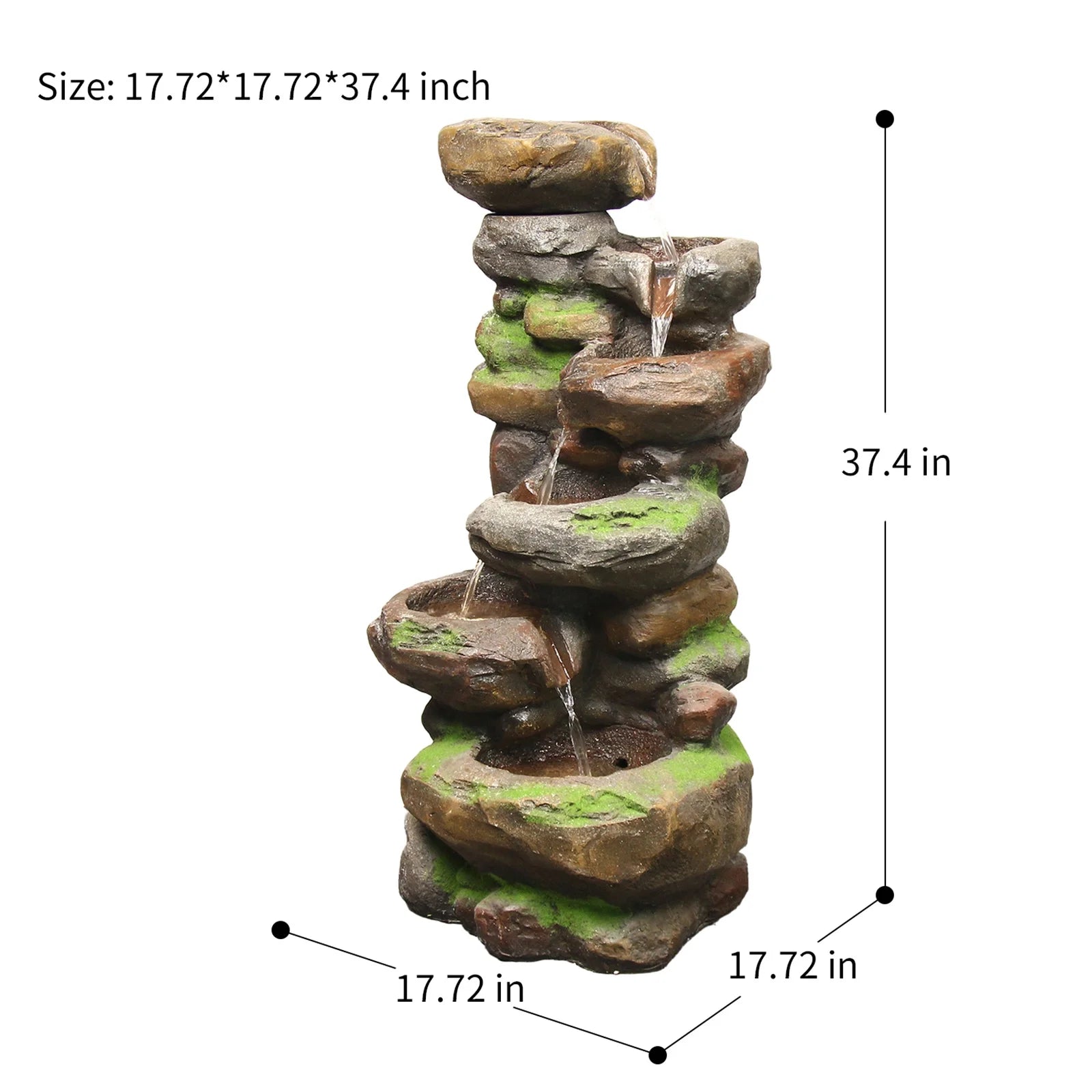 6-Tiered Outdoor Floor Rock Water Garden Fountain 37.4''H Cascading Waterfall Water Feature Indoor for Home Decor Patio Yard with LED Lights and Natural Stone Look