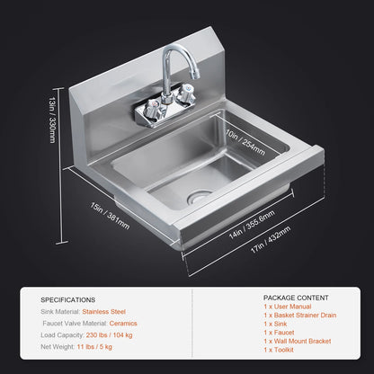 KFFKFF Industrial Hand Wash Station with Tap, Certified Stainless Steel Basin for Cleaning, Compact Hand Cleansing Sink, Wall-Fixed Utility Basin for Eatery, Cooking Area, Pub, Garage and Residence