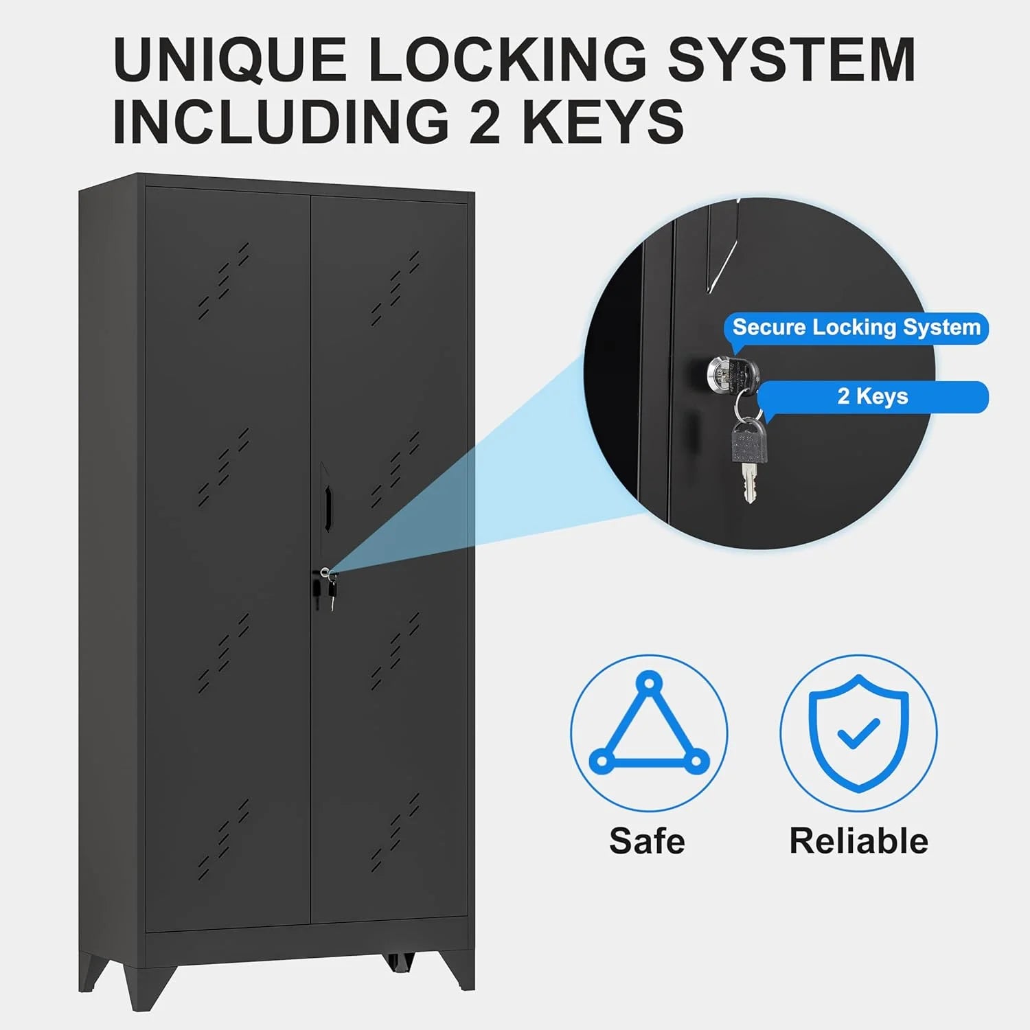 Metal Storage Cabinet with Locking Doors & Shelves, Outdoor Storage, Heavy Duty Cleaning Tool Organizer for Garage, Office, Warehouse
