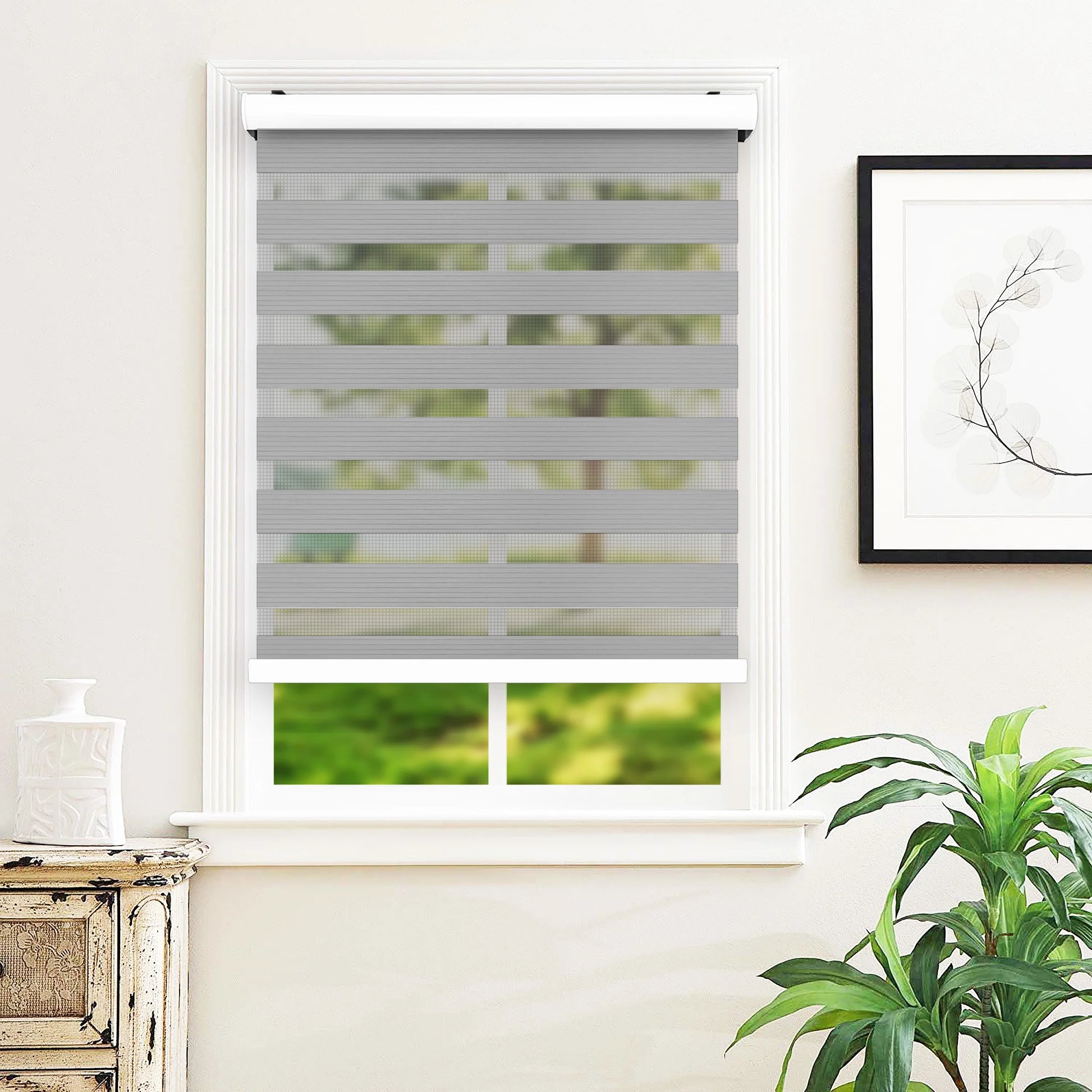 Zebra Cordless Window Blinds, Dual Layered Light Filtering Roller Shades, Easy Install Blinds, Indoor Home Decor, Pull-Down Shades for Windows, Light Control for Day & Night, White, 66"W X 72"H