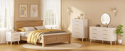 Bedroom Furniture Set - Includes Queen Bed Frame, Nightstands Set of 2, 5-Drawer Dresser & Vanity Desk - Modern Storage Solution for Stylish Home Decor, Beige/White