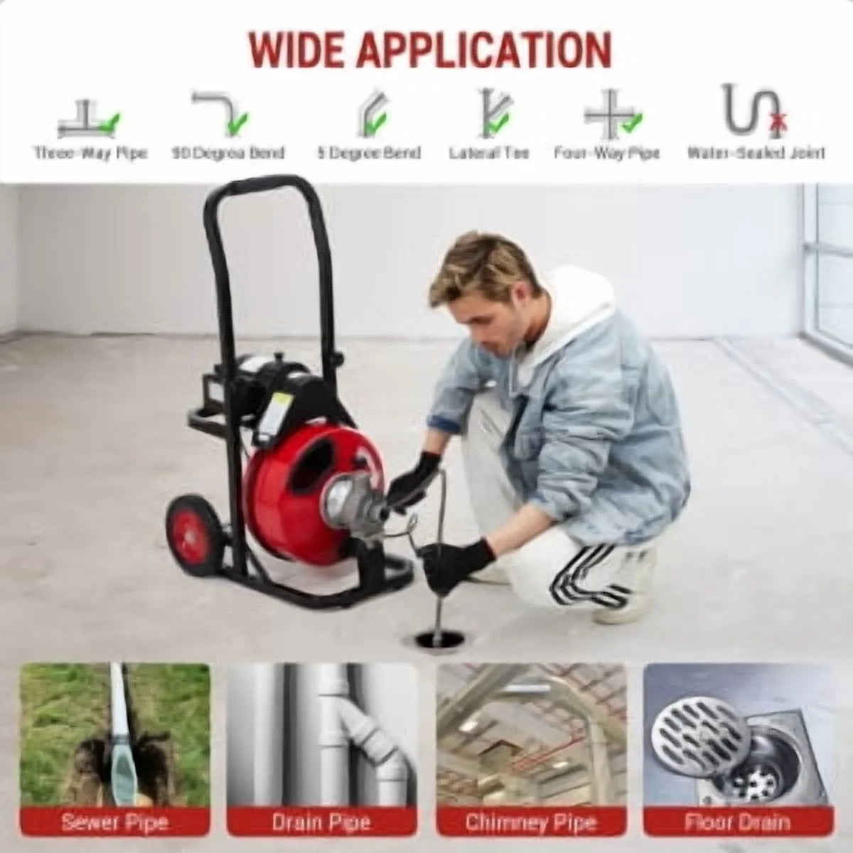 Drain Cleaner Machine 75Ft x 3/8 Inch,200W Drain Cleaning Machine,Portable Sewer Snake Auger with 8 Cutters & Air-activated Foot Switch, Fits 1" to 4" Pipes