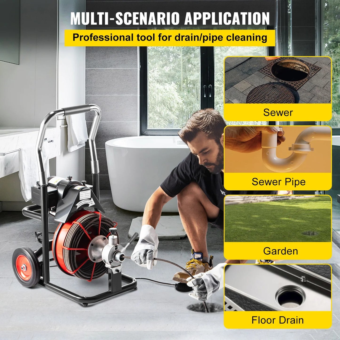 BENTISM Drain Cleaner Machine 100 ft x 1/2 in Drain Cleaning Machines 550W Electric Drain Auger 1700 r/min for 2" to 4" Pipes Electric Drain Snake Sewer Snake Drill