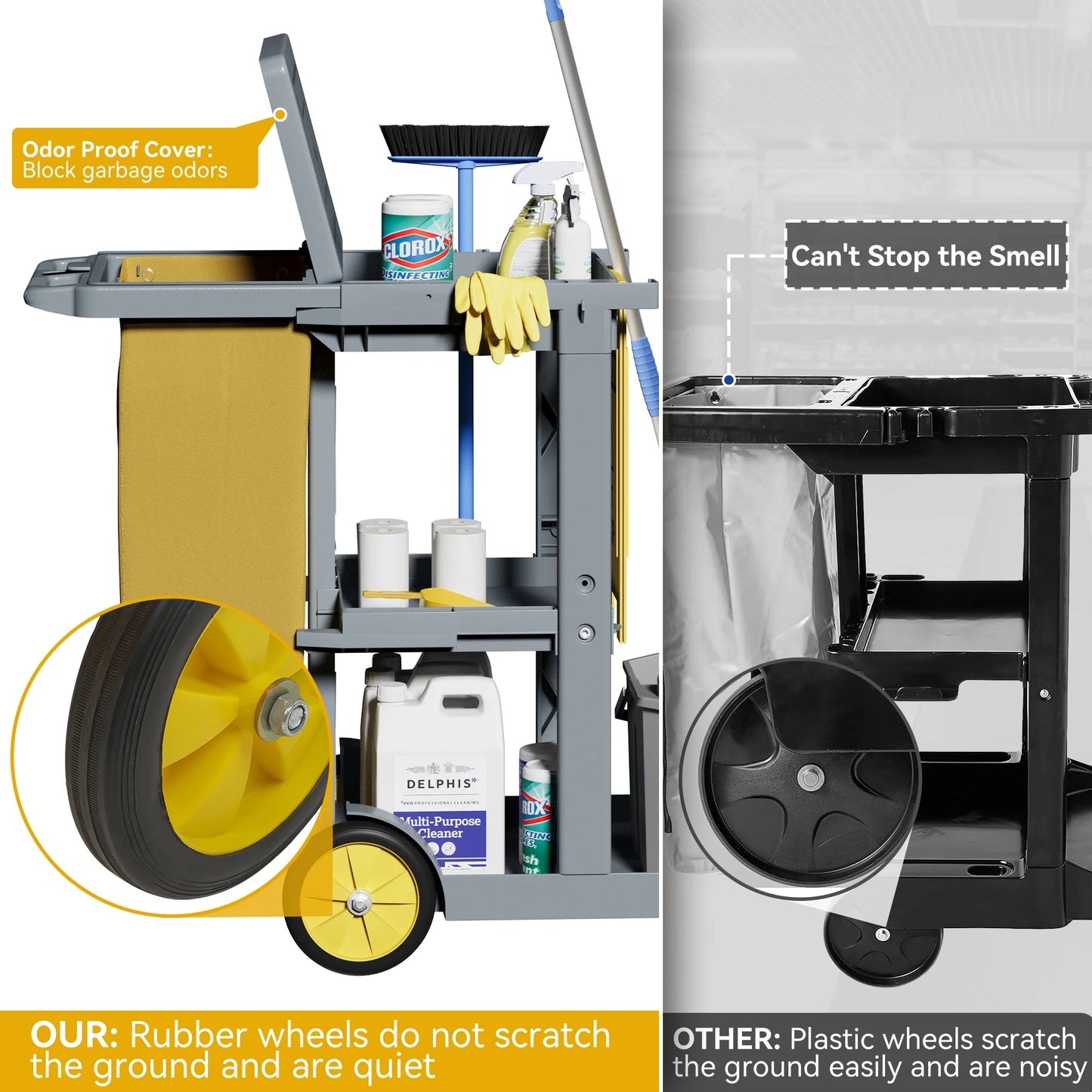 Dextrus Commercial Janitorial Trolley Cleaning Cart, 25 Gallon Capacity with Cover, for Housekeeping & Facility Maintenance, Black