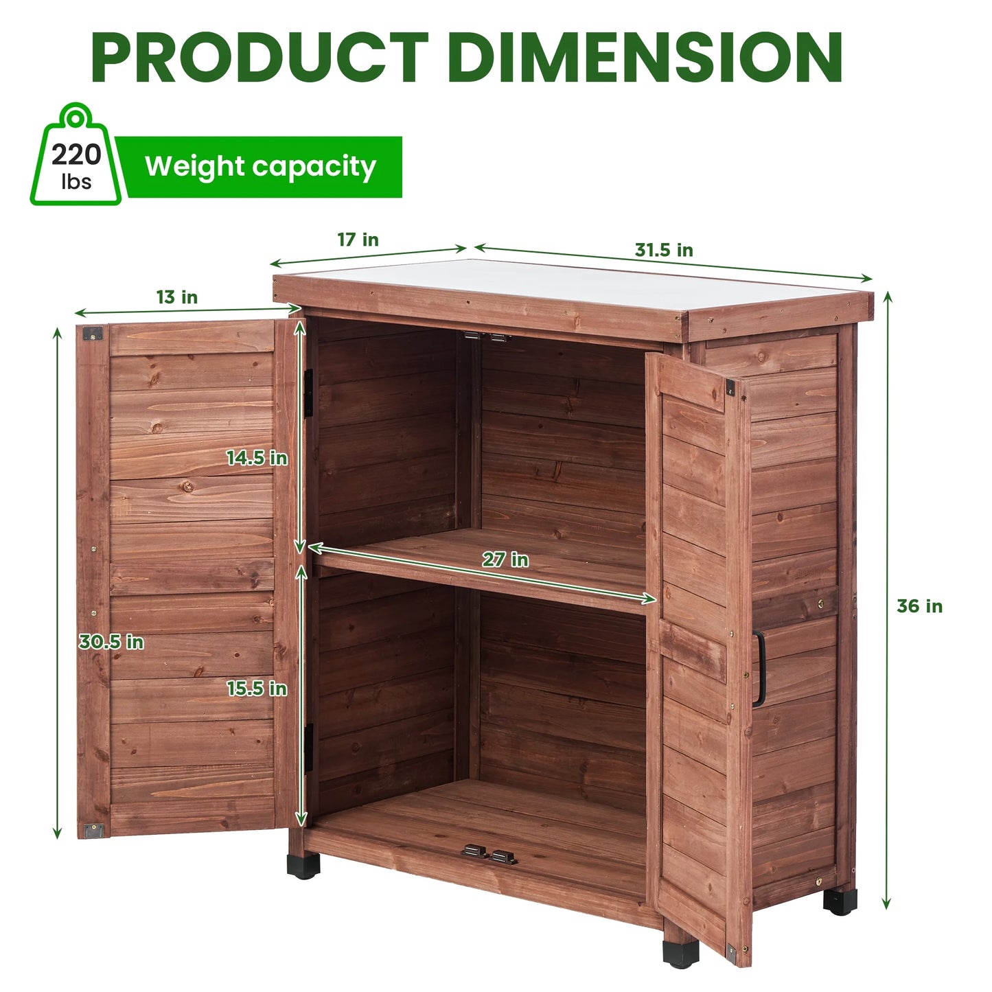 LDB_BUILDING 31.5in. W x 36in. H Outdoor Storage Cabinet & Potting Bench Table with Metal Top, Wooden Patio Furniture, Garden Workstation