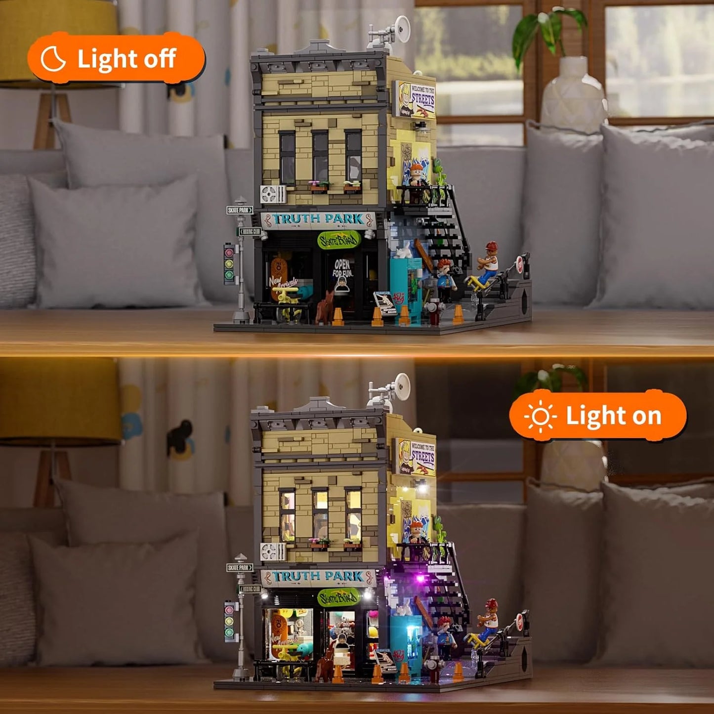 FUNWHOLE Skate-Shop Lighting Building-Bricks Set - Street Fusion City Skate Store Collection LED Light Modular Building Kit 1573 Pcs for Adults and Teen