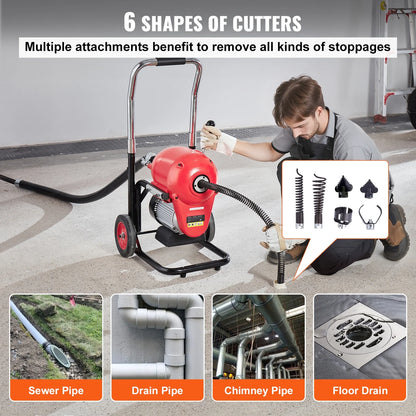 KFFKFF Drain Cleaning Machine, 120FT x 6/5 Inch, 1100W, Manual Operation - Includes 2 Steel Cables, 6 Blades, and Dual-Direction Control for Pipes 4"-8"