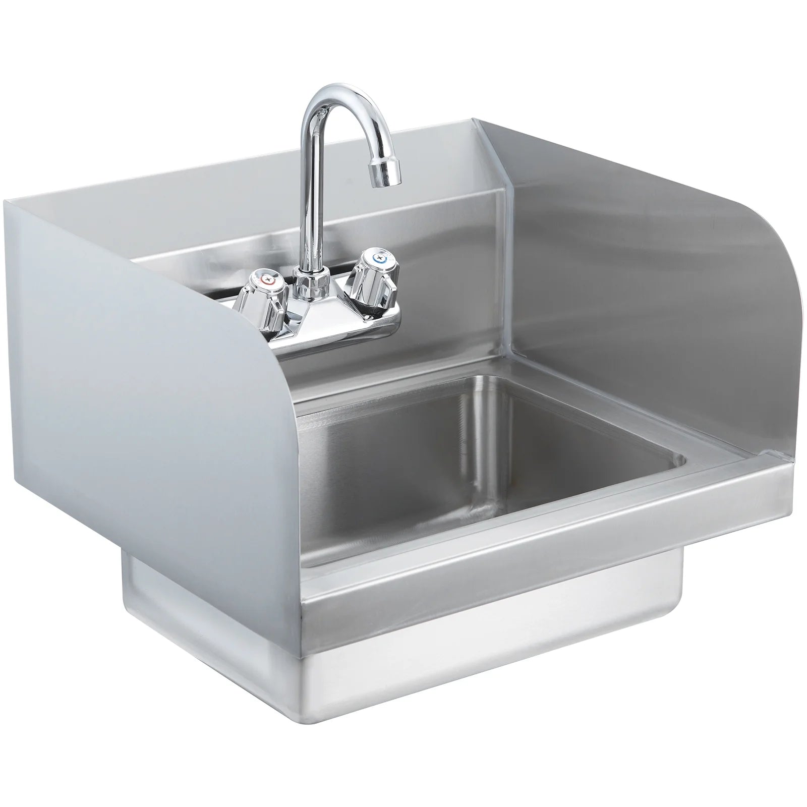 KFFKFF Industrial Hand Basin with Tap and Side Guard, Steel Basin for Cleaning, Compact Hand Cleaning Basin, Wall-Fitted Washbasin for Diner, Garage and Residence, 17x12.8 inch