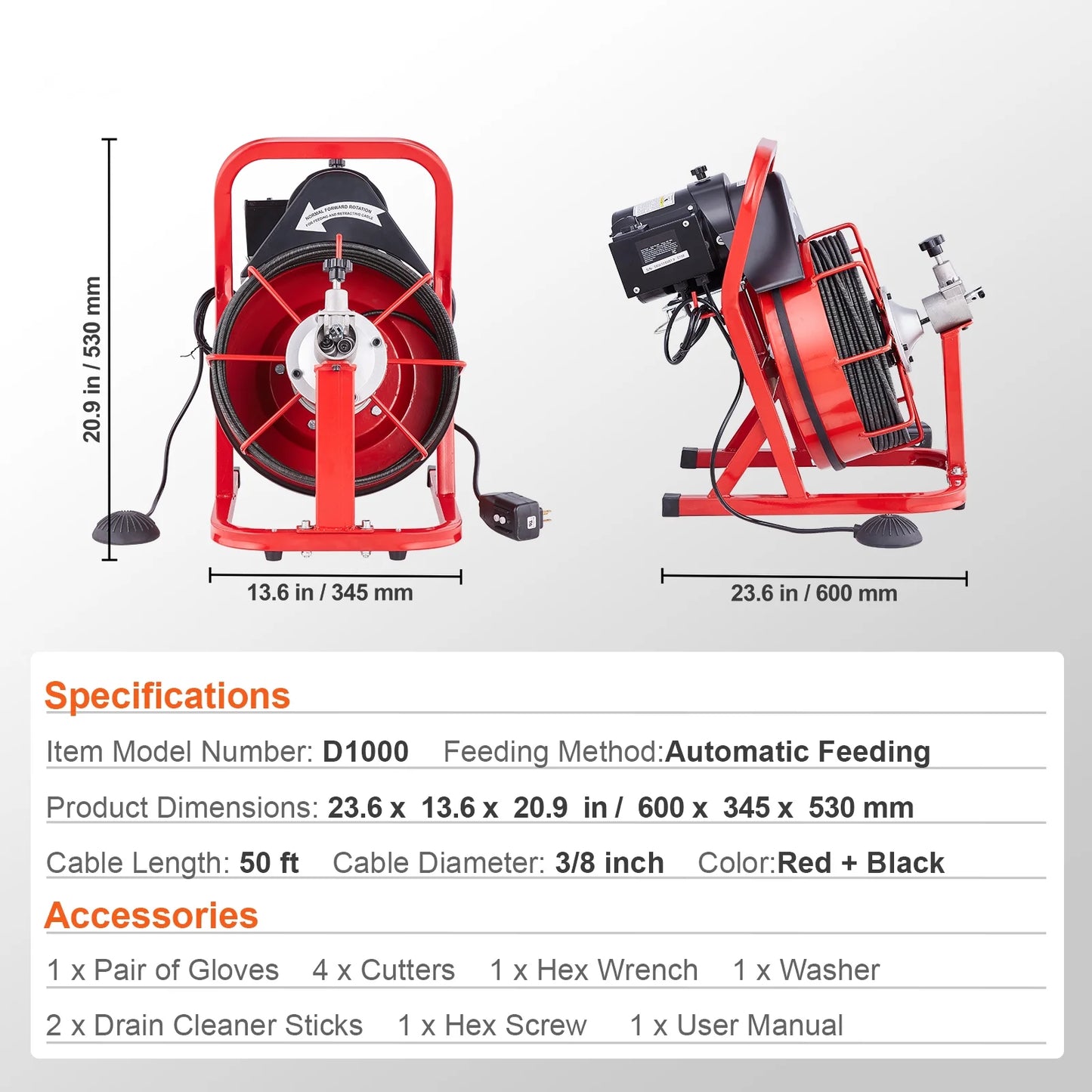 KFFKFF Drain Cleaning Machine, 50FT x 3/8 Inch, 250W Electric Drain Cleaner with Auto Feed, Includes 4 Cutters & Air-activated Foot Switch, Suitable for 2"-4" Pipes