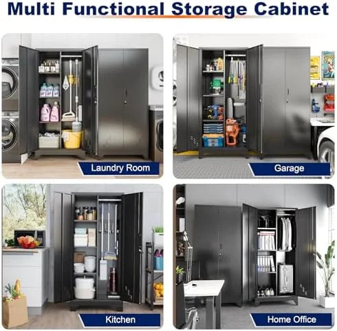 Metal Storage Cabinet, Black Broom Storage Cabinets with Doors and Shelves, Tall Garage Tool Cabinet, Lockable Cleaning Closet Storage Cabinet for Home, Office, Laundry Room, Warehouses
