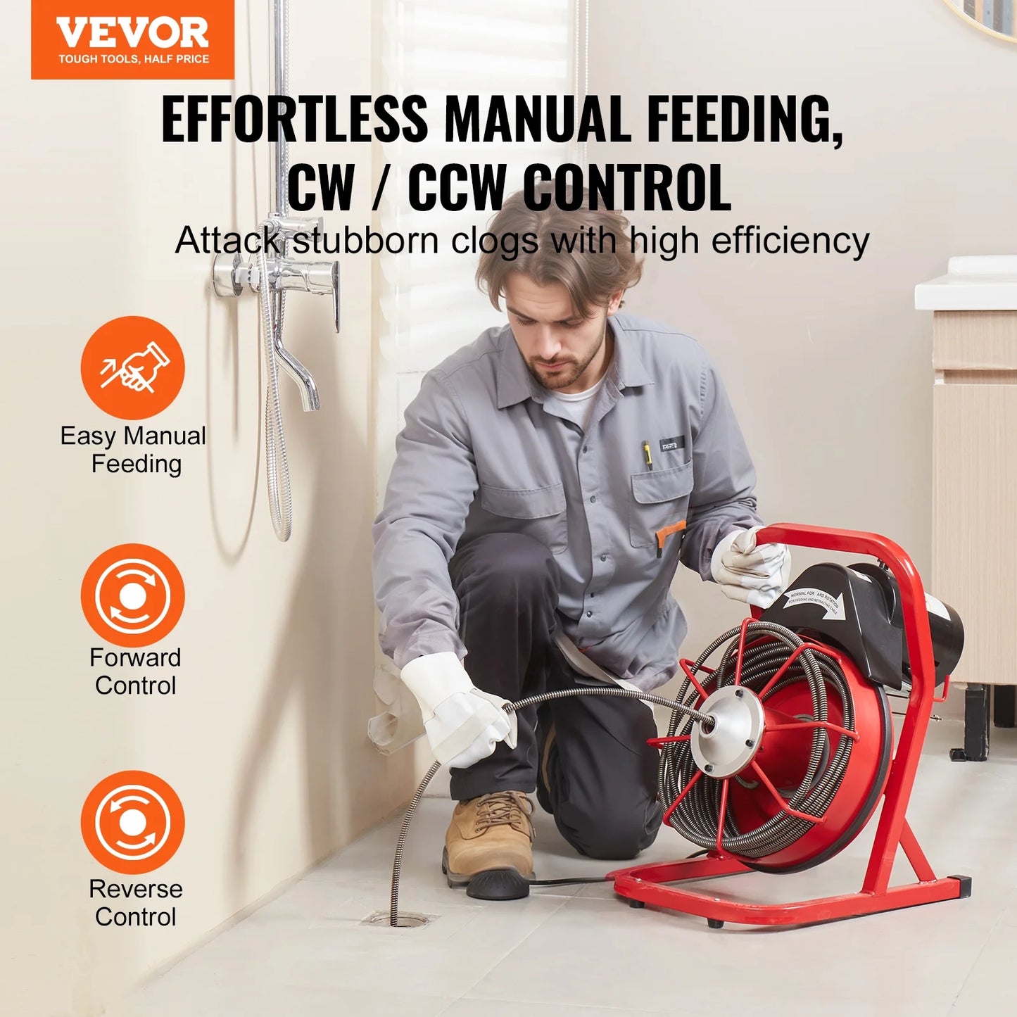 VEVOR Drain Cleaner Machine 50FT x 3/8 Inch, Sewer Snake Auger Manual Feed, 250W Electric Drain Cleaning Machine with 4 Cutters & Air-activated Foot Switch for 2" to 4" Pipes