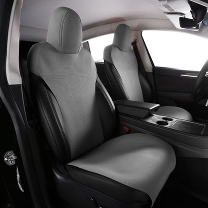 Ikon Motorsports Seat Cover Cushions Compatible With 2020-2024 Tesla Model Y 4-Door, V1 Style White Suede Leather 1st 2nd Row 5-Seat Seat Cover Cushion Protectors
