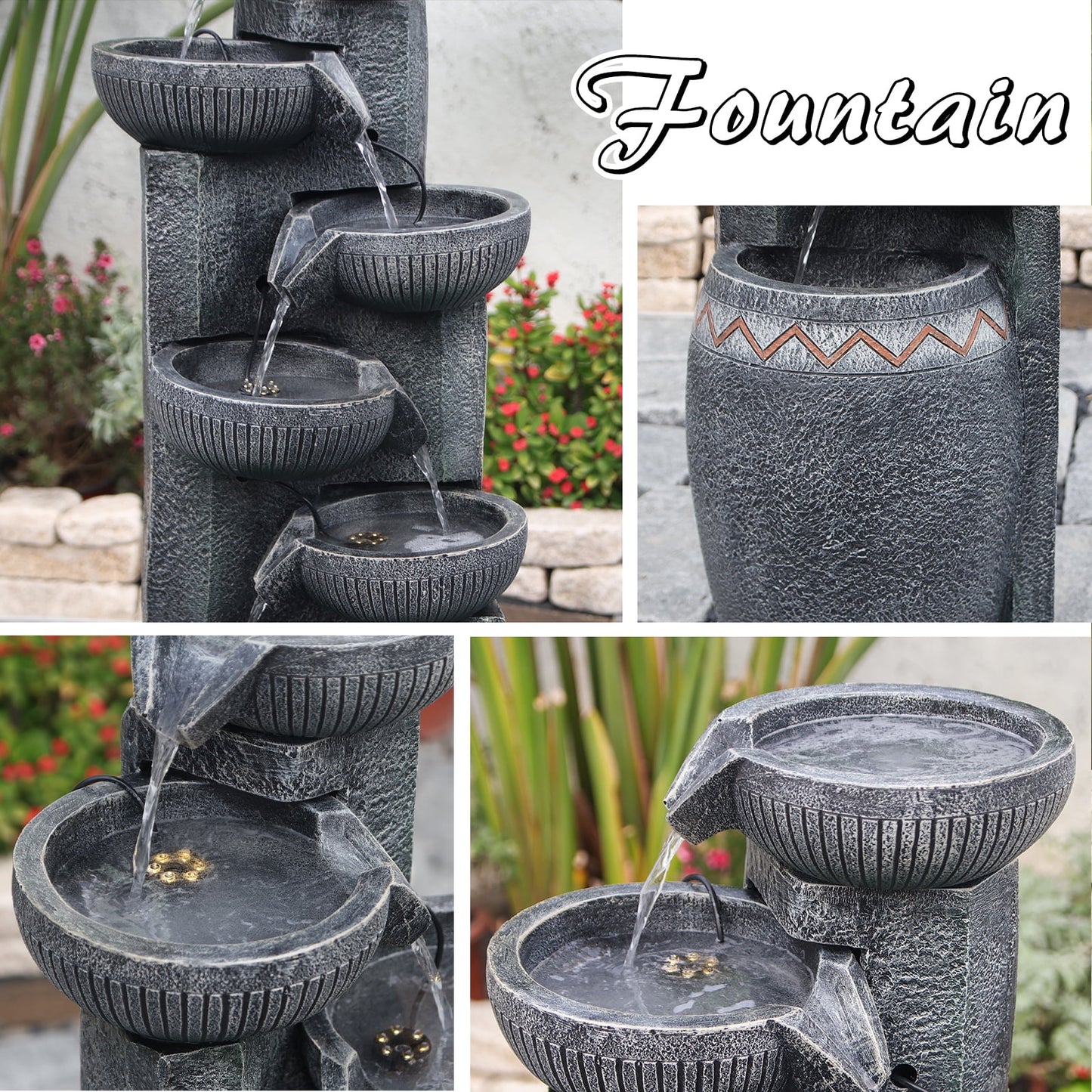 35.83''H Outdoor Indoor Garden Water Fountain 6-Tiers Modern Floor Standing Water Feature Waterfall Fountains with LED Lights for Yard Porch Deck Patio Home Decor