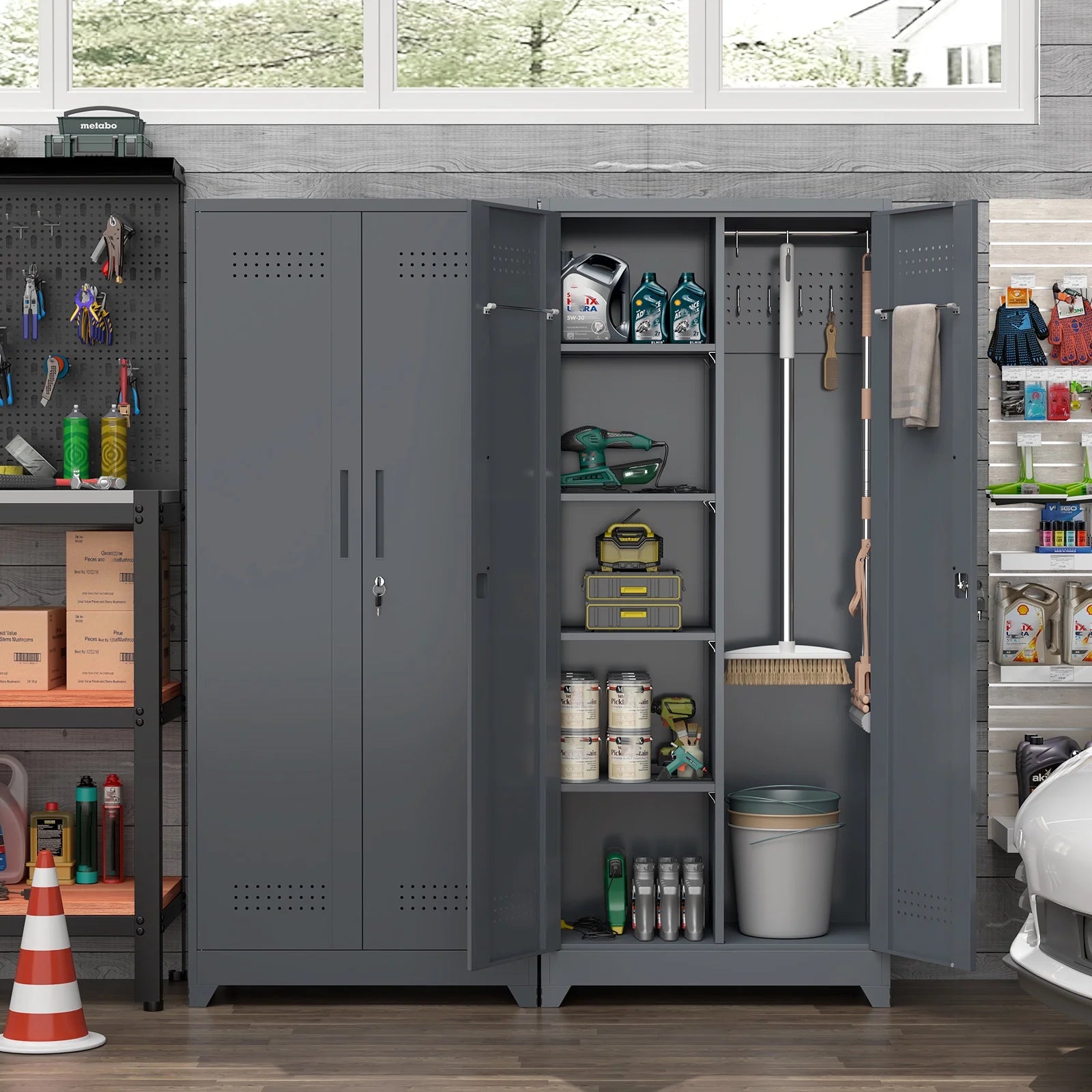 Marcree Broom Closet with Locking Doors,72.8����H Cleaning Tool Storage Cabinet with Hanging Rod & Hooks,Heavy-Duty Tool Garage Storage Cabinet for Utility Room,Grey