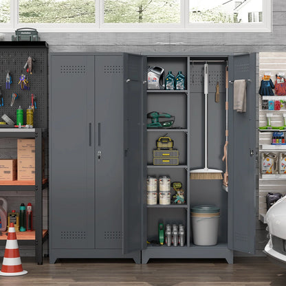 Marcree Broom Closet with Locking Doors,72.8����H Cleaning Tool Storage Cabinet with Hanging Rod & Hooks,Heavy-Duty Tool Garage Storage Cabinet for Utility Room,Grey