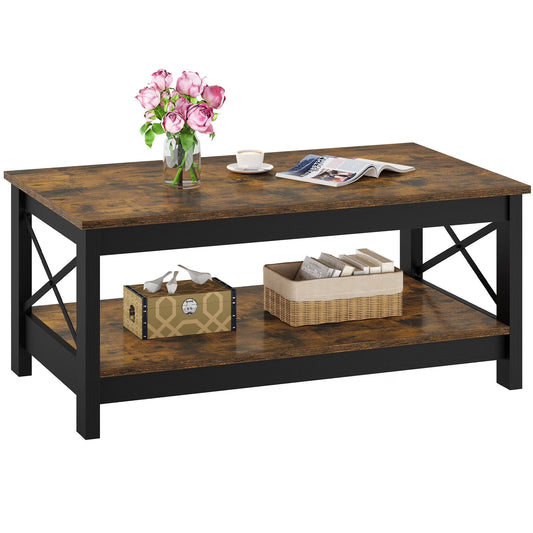 Veado Farmhouse 2 - Tier Coffee Table with Storage - Rustic Brown Center Cocktail Table for Living Room, Sturdy Wooden Build, Vintage Design, Ideal for Farmhouse & Country Home Decor, Easy Assembly