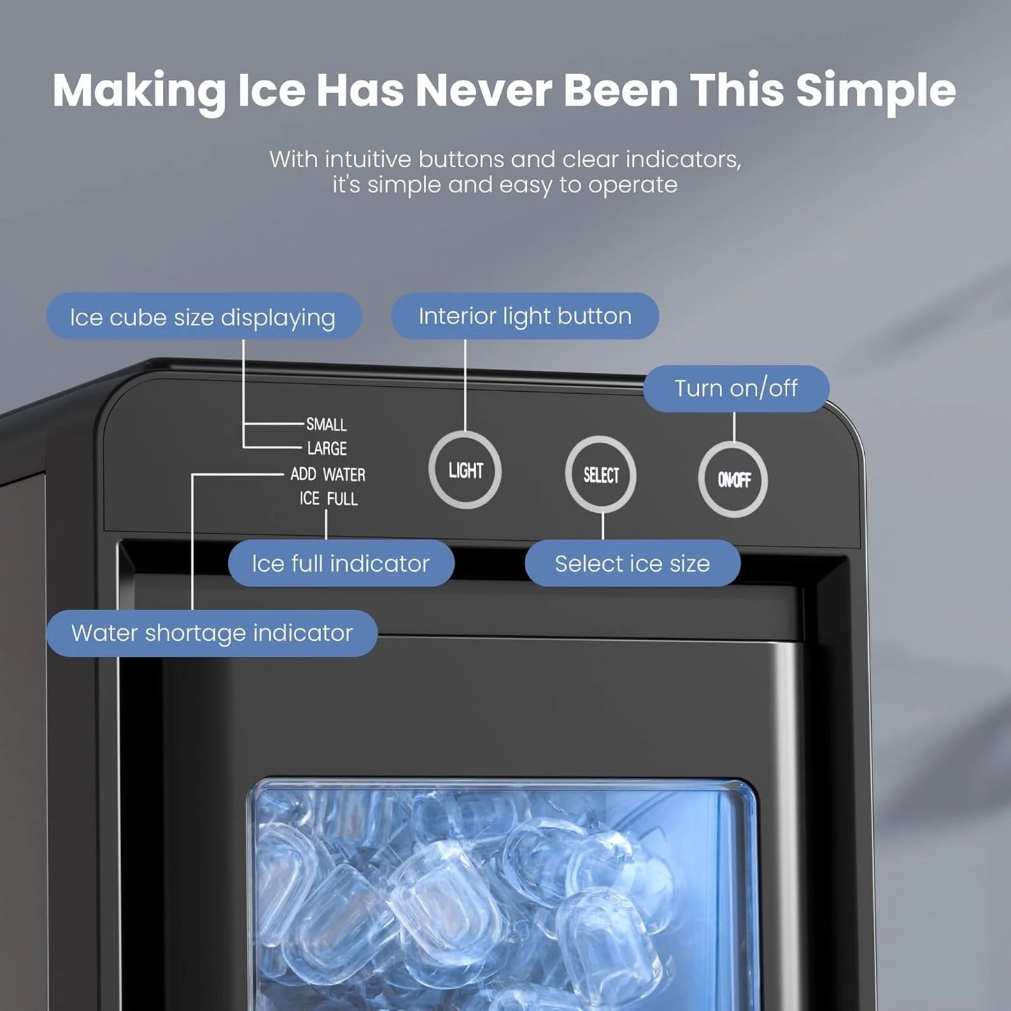 Moifoi Ice Maker Countertop, 26 lbs/24 H, 8 Pcs Ice in 6 Mins, Portable Ice Maker Machine with Self-Cleaning, Interior Lighting, 2 Sizes Bullet Ice, Black