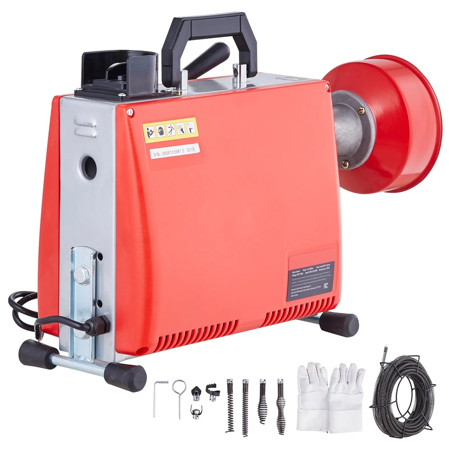KFFKFF Electric Drain Cleaning Machine, 66FT x 5/8 Inch, 250W, Manual Operation - Includes 7 Cutting Heads, Dual Steel Cables & Directional Control, Suitable for 1.6"-4" Pipes