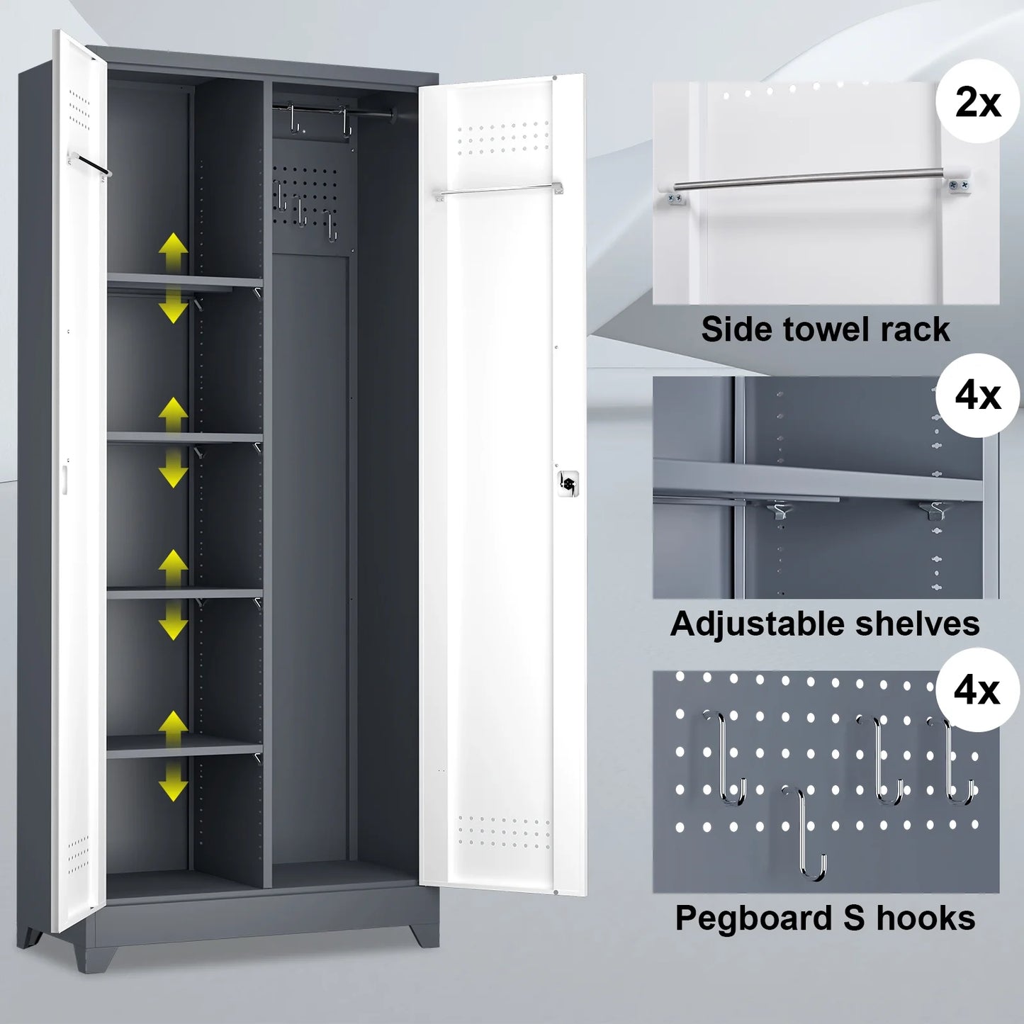 Marcree Broom Closet with Locking Doors,72.8����H Cleaning Tool Storage Cabinet with Hanging Rod & Hooks,Heavy-Duty Tool Garage Storage Cabinet for Utility Room,Grey