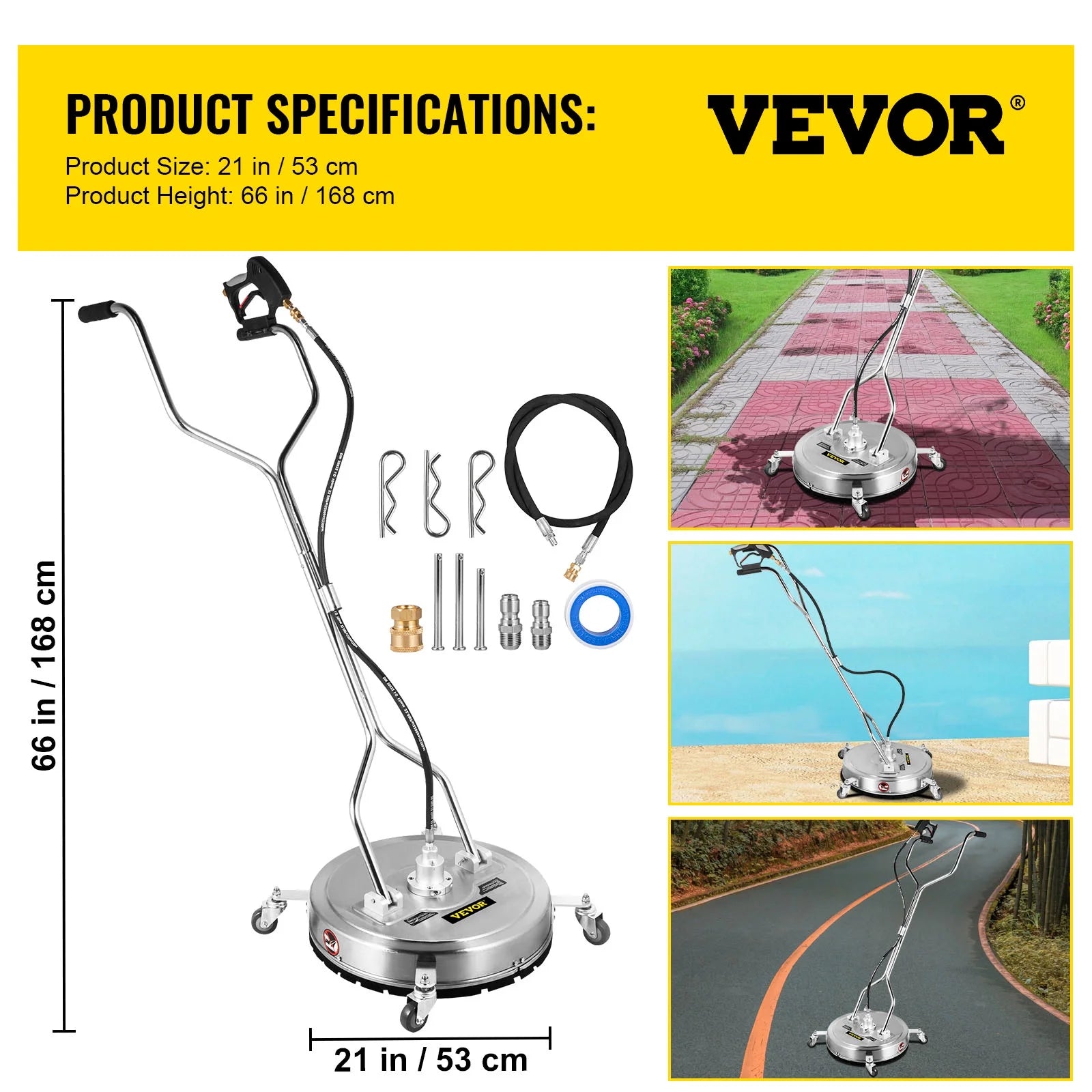 VEVOR 21" Surface Cleaner Pressure Flat Surface Cleaning 4000 PSI Max Working Pressure Flat Surface Cleaner Stainless Steel Rotating Surface Cleaner with 3 Nozzle Front Spray Bar