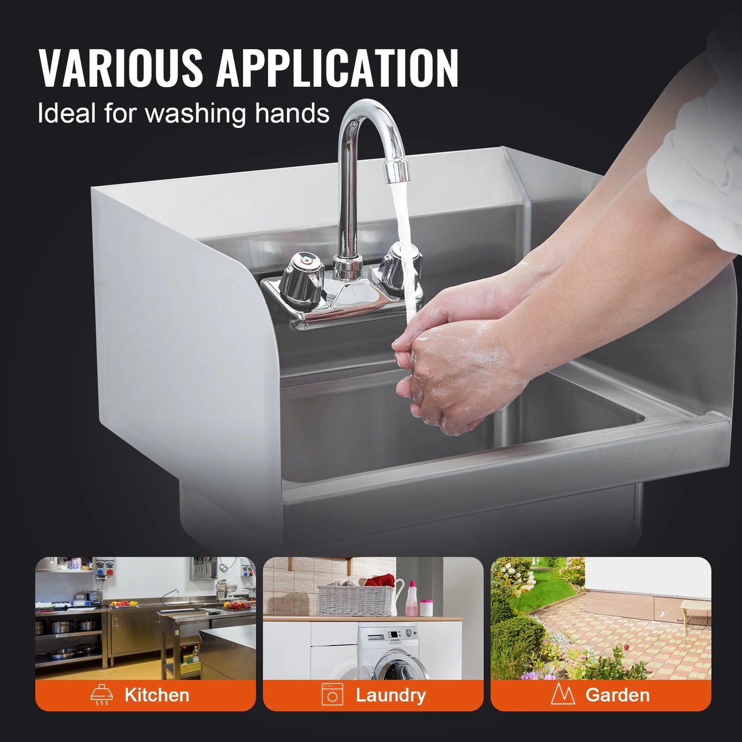 KFFKFF Industrial Hand Basin with Tap and Side Guard, Steel Basin for Cleaning, Compact Hand Cleaning Basin, Wall-Fitted Washbasin for Diner, Garage and Residence, 17x12.8 inch