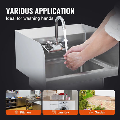 KFFKFF Industrial Hand Basin with Tap and Side Guard, Steel Basin for Cleaning, Compact Hand Cleaning Basin, Wall-Fitted Washbasin for Diner, Garage and Residence, 17x12.8 inch