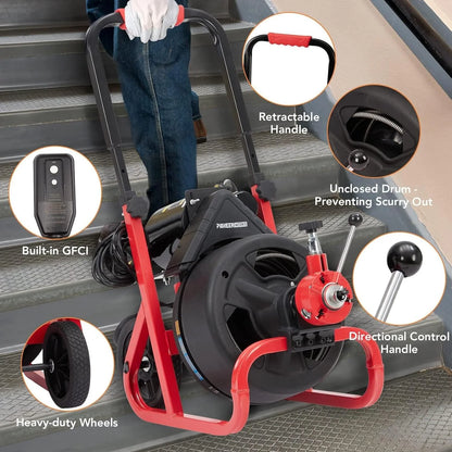 AOILE Drain Cleaning Machine 75Ft x 1/2 in, Electric Drain Auger for 2-4 Inch Pipes with Cutters & Glove