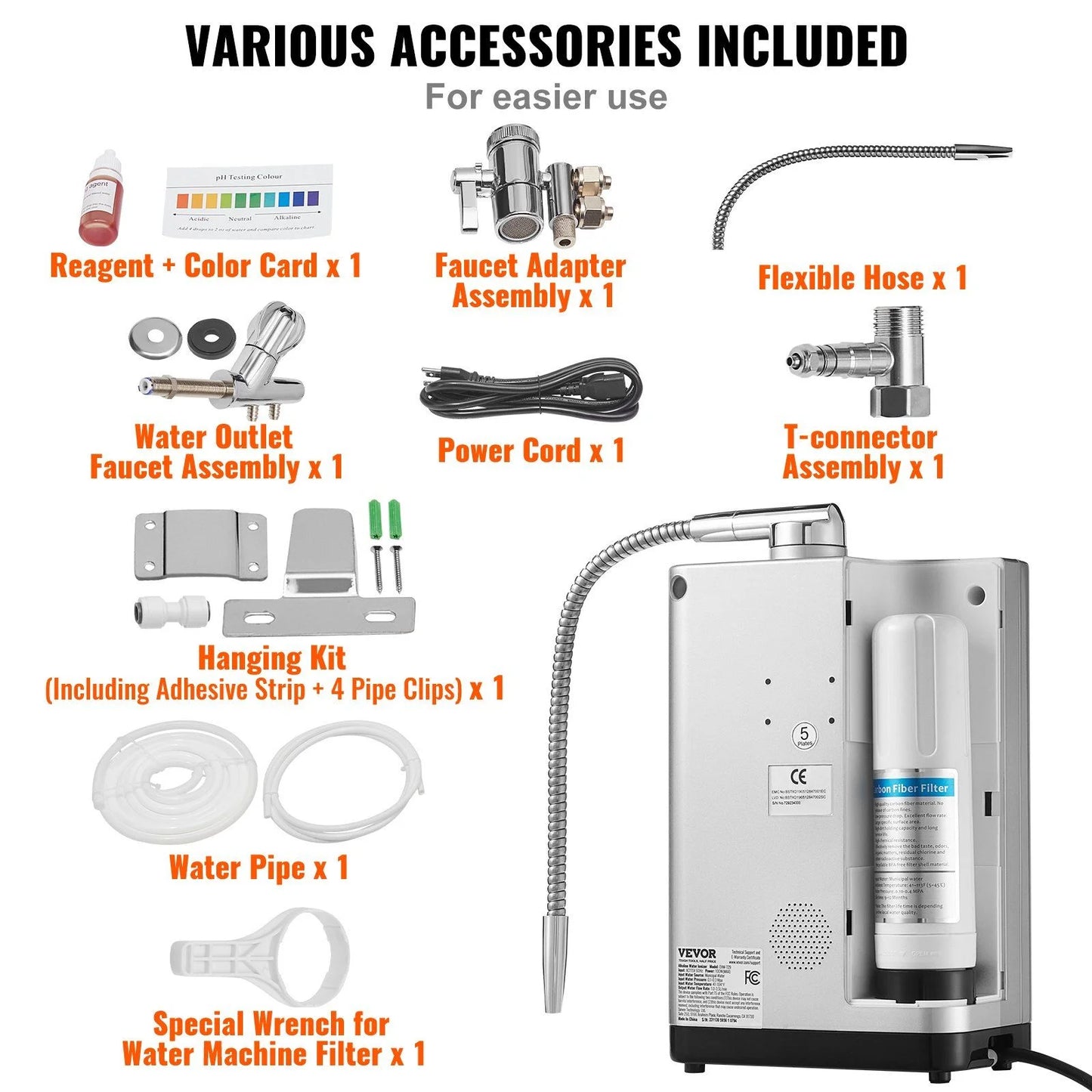 Alkaline Water Ionizer Machine, pH 3.5-10.5, Hydrogen Water Purifier, 7 Settings, -550mV ORP, 8000L Filter, Auto-Cleaning, White