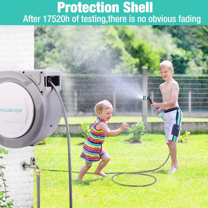HAUSHOF 1/2" x 100 ft Retractable Garden Hose Reel with Automatic Rewind, 10-Pattern Spray Nozzle, Durable High-Pressure Hose, and 180�� Swivel Bracket �C Perfect for Watering Gardens, Cleaning Patios