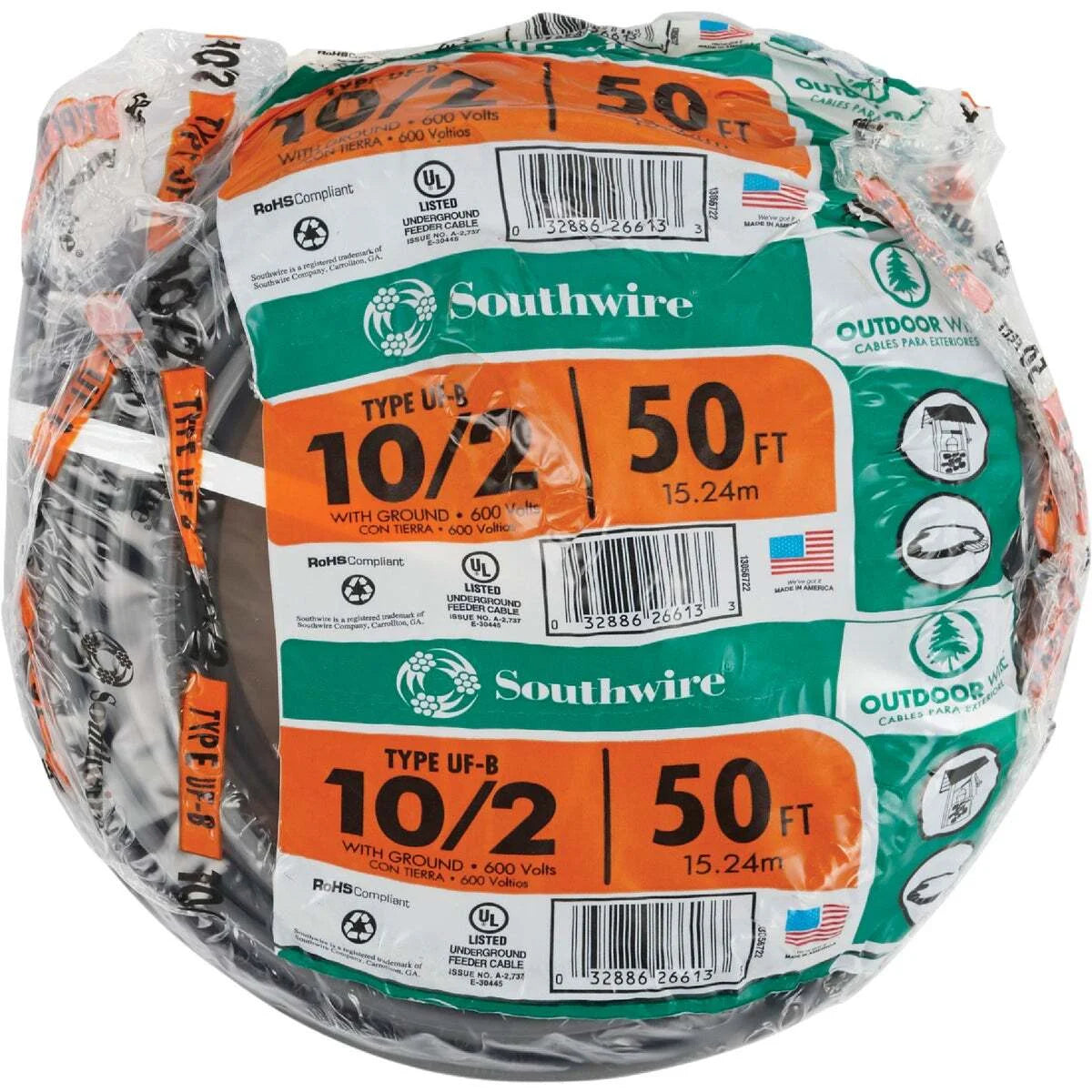 Romex 10/2UF-WGX50 Building Wire, #10 AWG Wire, 2 -Conductor, 50 ft L, Copper Conductor, PVC Insulation