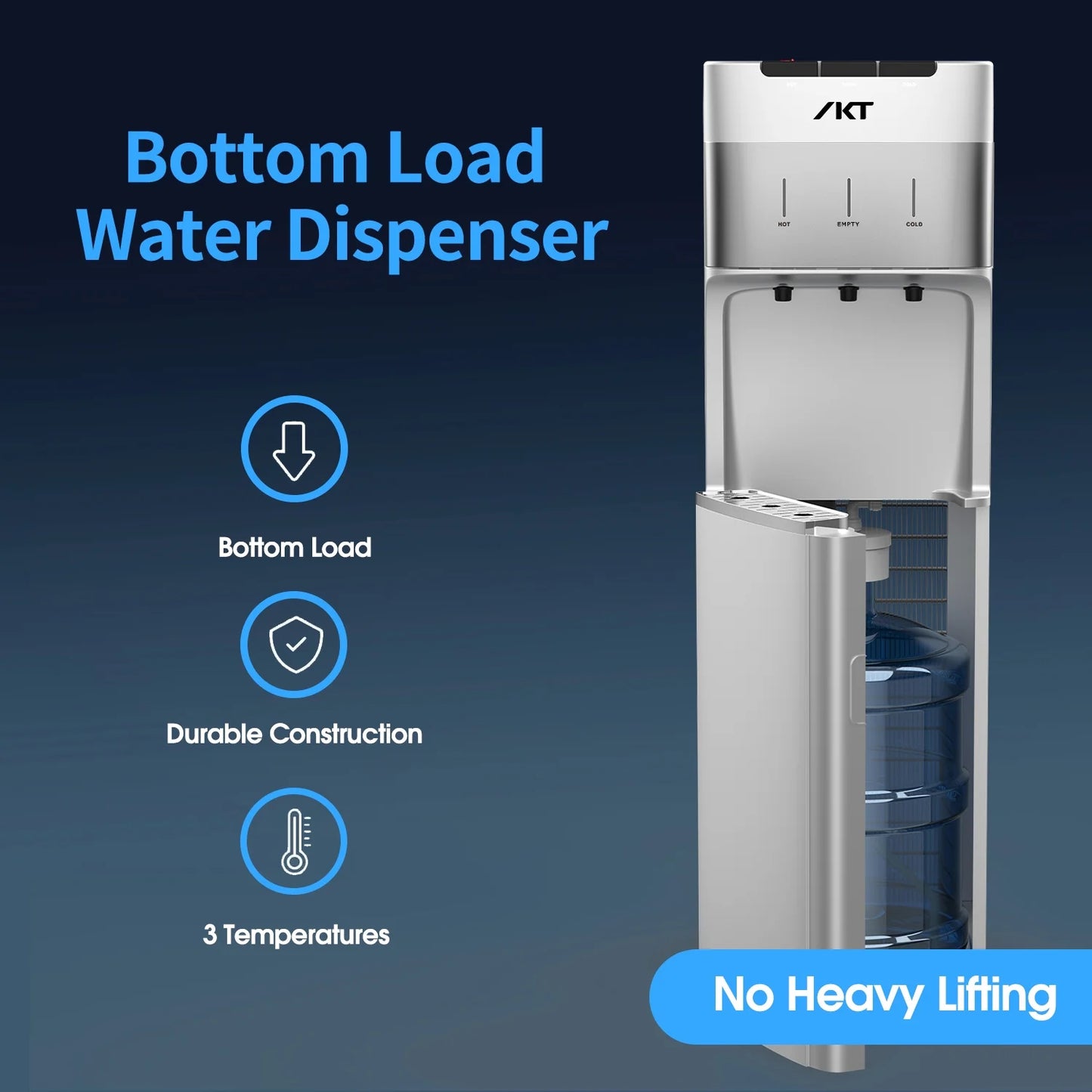 IKT Self-Cleaning Bottom Load Water Cooler Dispenser for 3-5 Gallon Bottle with Child Safety Lock Display Light Silver