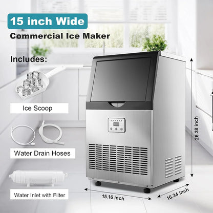 Ice Maker Machine 100lbs/24H Auto Self-Cleaning LED Digital Display Blue Light Under Counter Freestanding