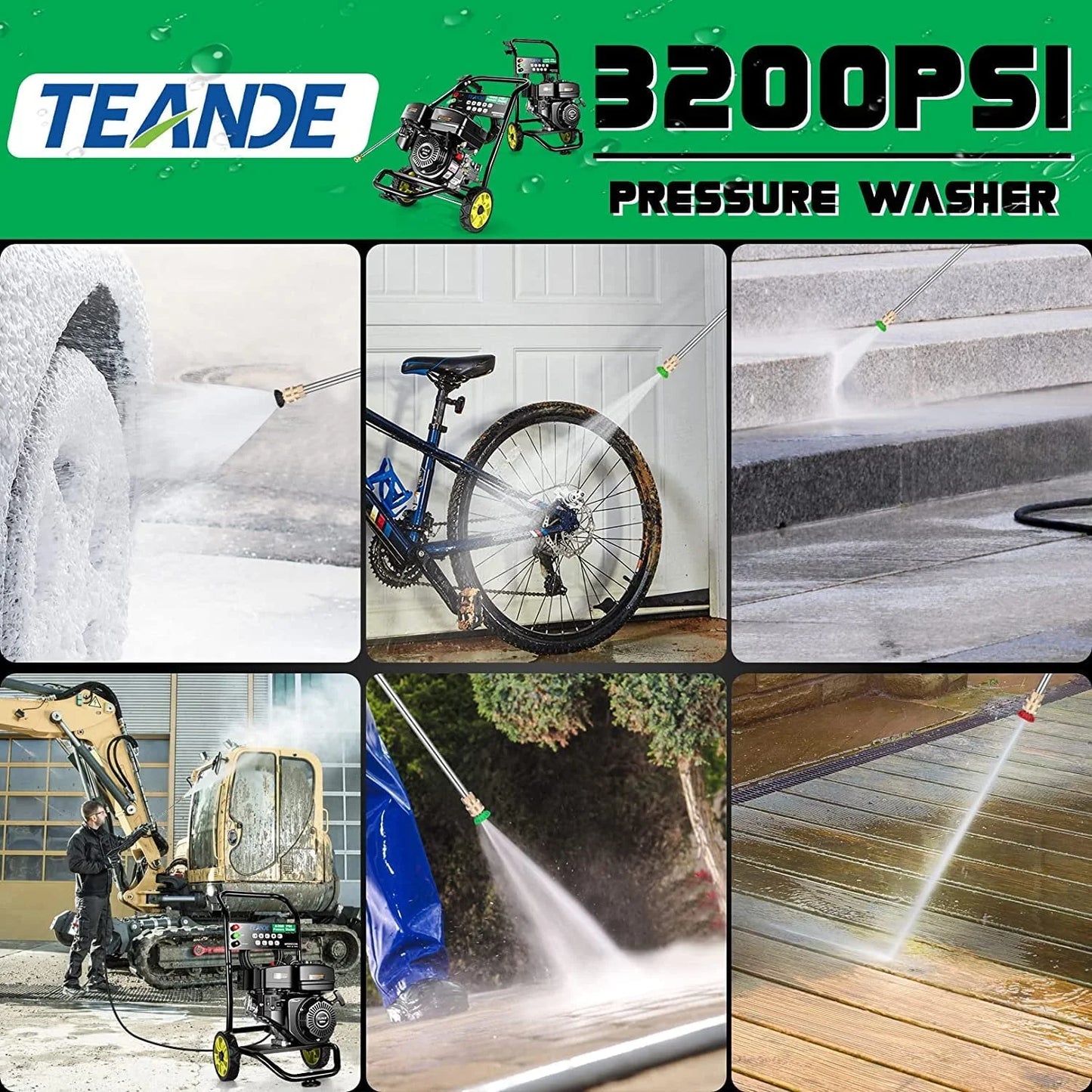 TEANDE Gas Pressure Washer Powered, 2.6 GPM 209cc 7.0 HP Power Washer with 3 Quick-Connect Nozzles, 25�?Hose for Cars, Driveway, Patio, Siding, Fence Cleaning