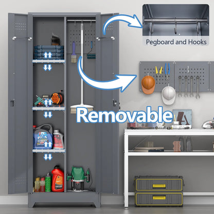 Marcree Broom Closet Storage Cabinet,Cleaning Supply Storage Cabinet,Metal Cleaning Closet Cabinet with Adjustable Shelves for Laundry Room Basement