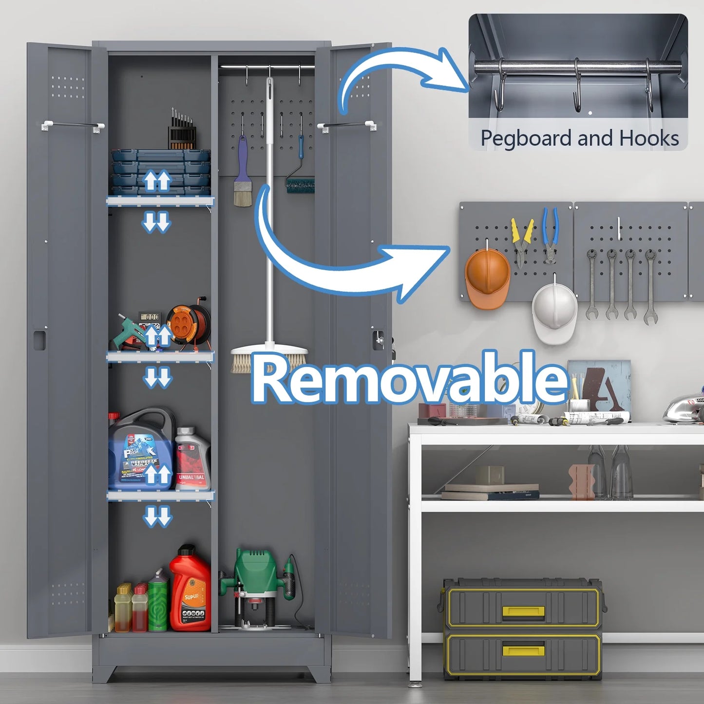 Marcree Broom Closet Storage Cabinet with Lock,65" Tall Garage Storage Cabinet with Hanging Rod,Multifunctional Garage Storage Broom Closet with Doors,Cleaning Tool Cabinet