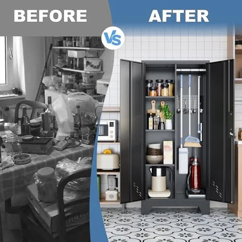Metal Storage Cabinet, Black Broom Storage Cabinets with Doors and Shelves, Tall Garage Tool Cabinet, Lockable Cleaning Closet Storage Cabinet for Home, Office, Laundry Room, Warehouses