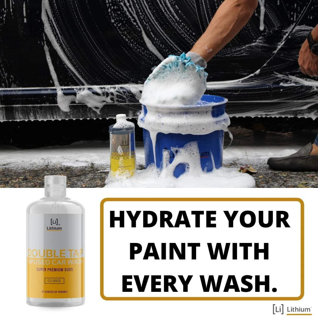 Lithium Double Tap Car Wash Shampoo is An Extremely Unique Blend of PH Balanced Cleaning Soap, Essential Oils, and Eucalyptus. A Combination That Lubricates, While It Cleans and Rehydrates your Paint
